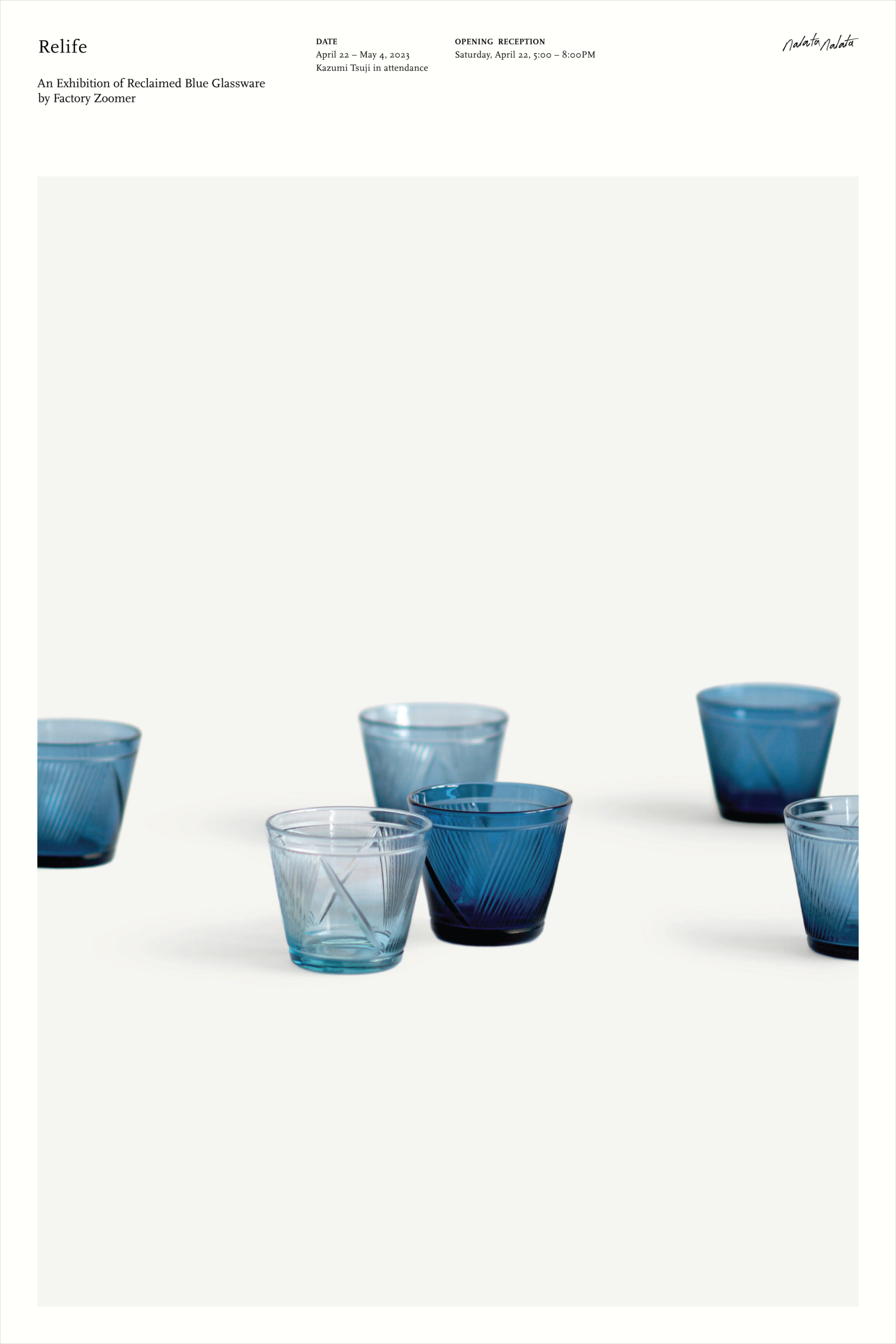poster for factory zoomer Relife exhibition with blue whiskey glasses