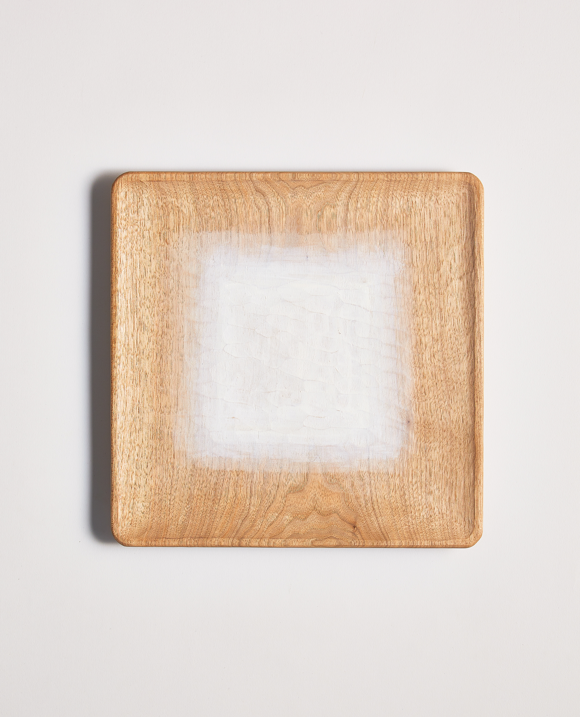 Square white pigment painted wooden chestnut plate by Ryuji Mitani