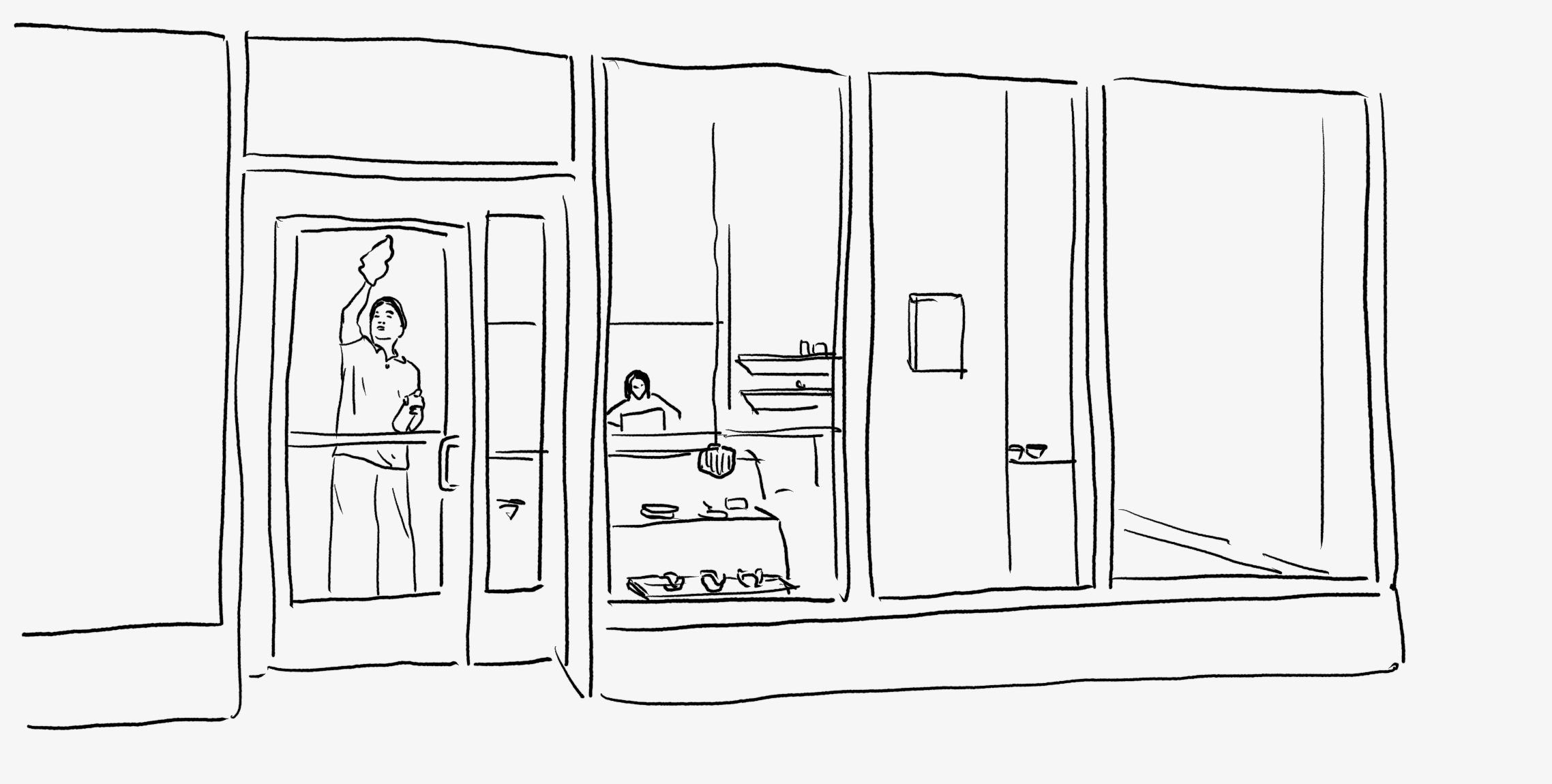 Illustrated black and white line drawn gif of Nalata Nalata storefront and a man cleaning the front door window