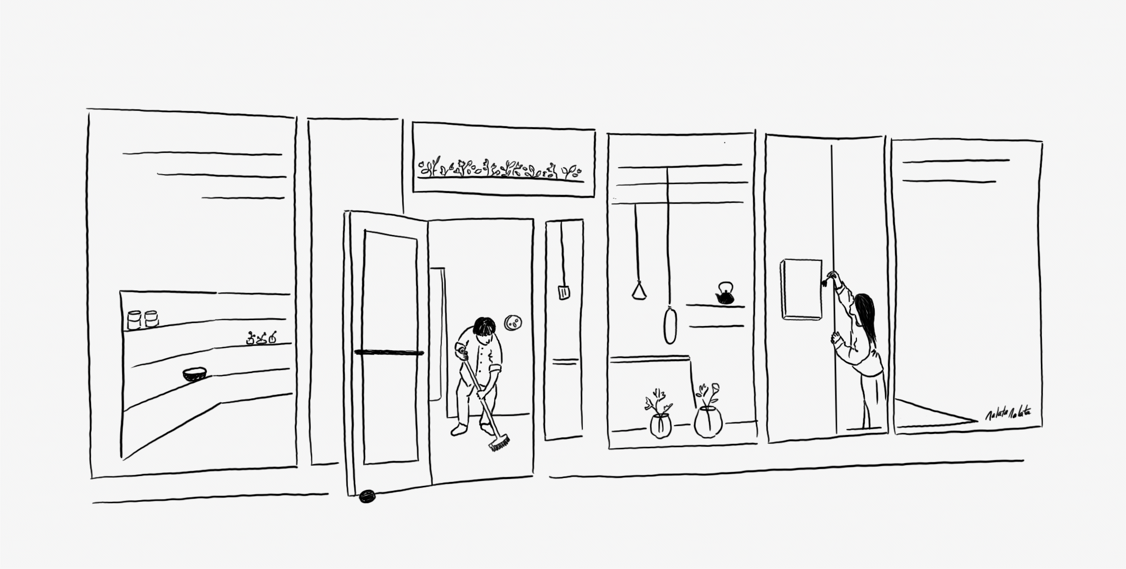 Line drawn gif of Stevenson and Angelique Spring cleaning at Nalata Nalata