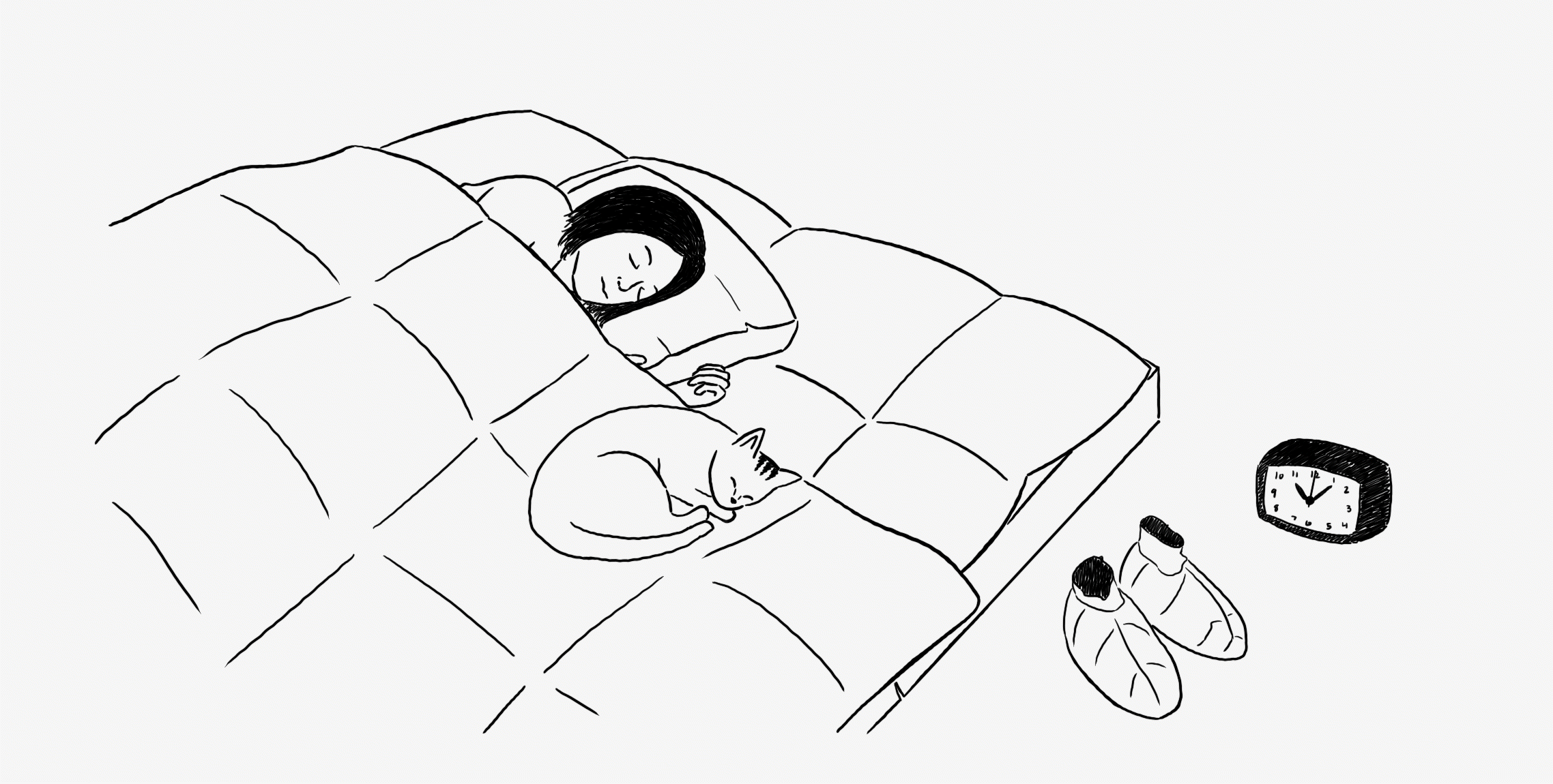 Illustrated black line drawn gif of breathing woman sleeping in a Japanese futon with cat and foot warmers and clock beside bed.