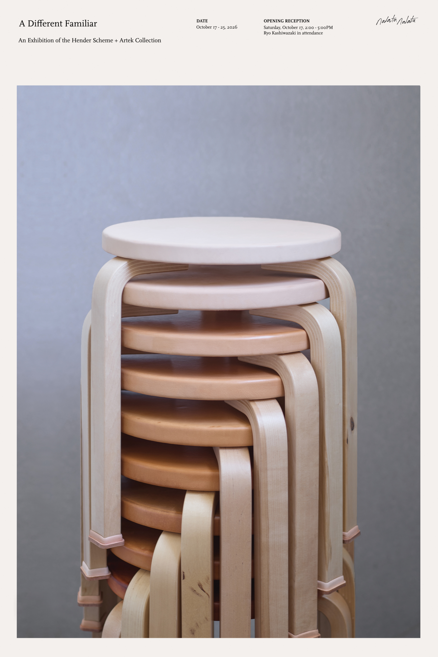 Poster for A Different Familiar exhibition by Hender Scheme x Artek on a gray background