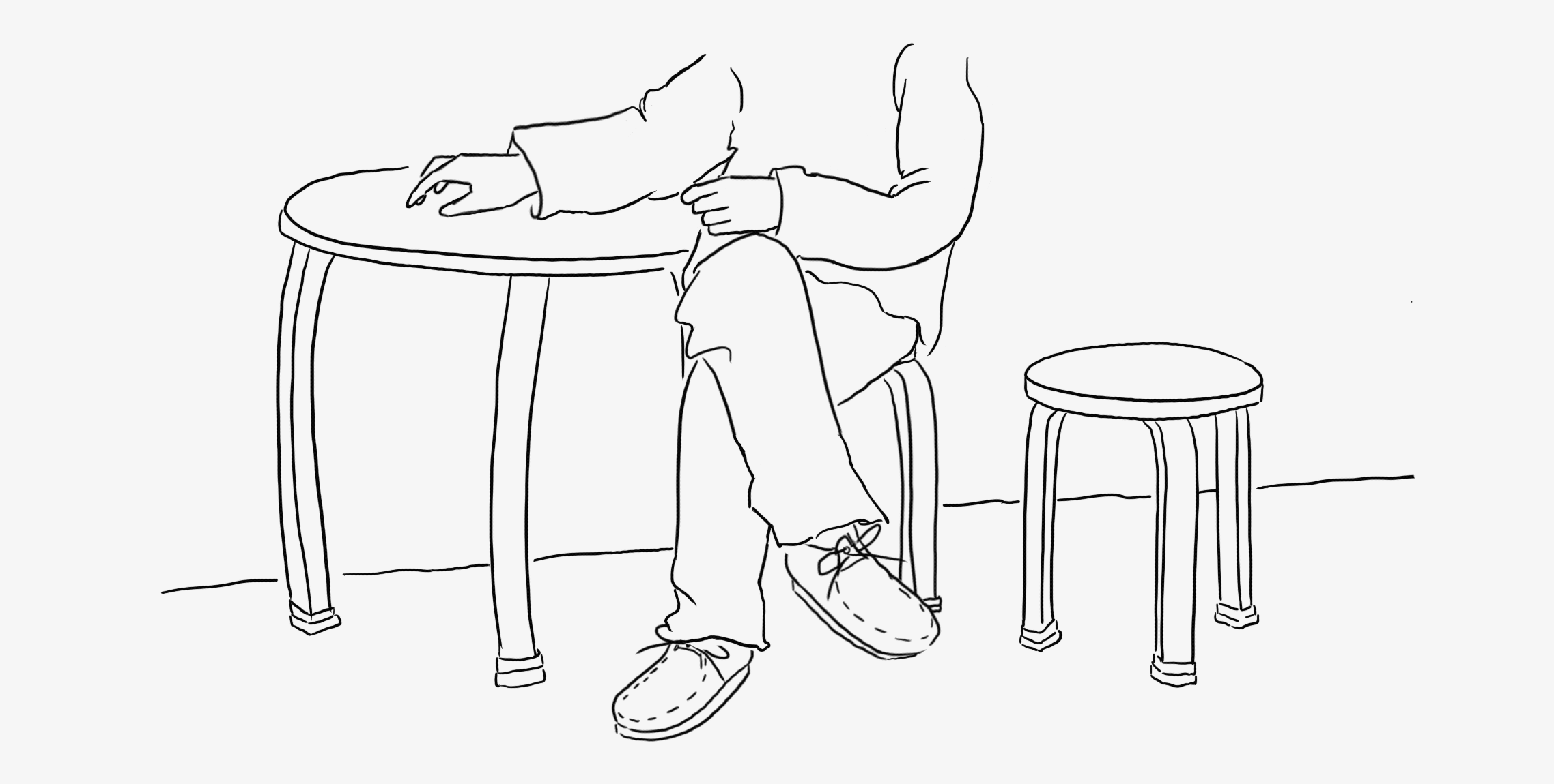 Illustrated line drawn gif of person sitting on Artek + Hender Scheme Stool 60 and Table 90C with finger and foot movement